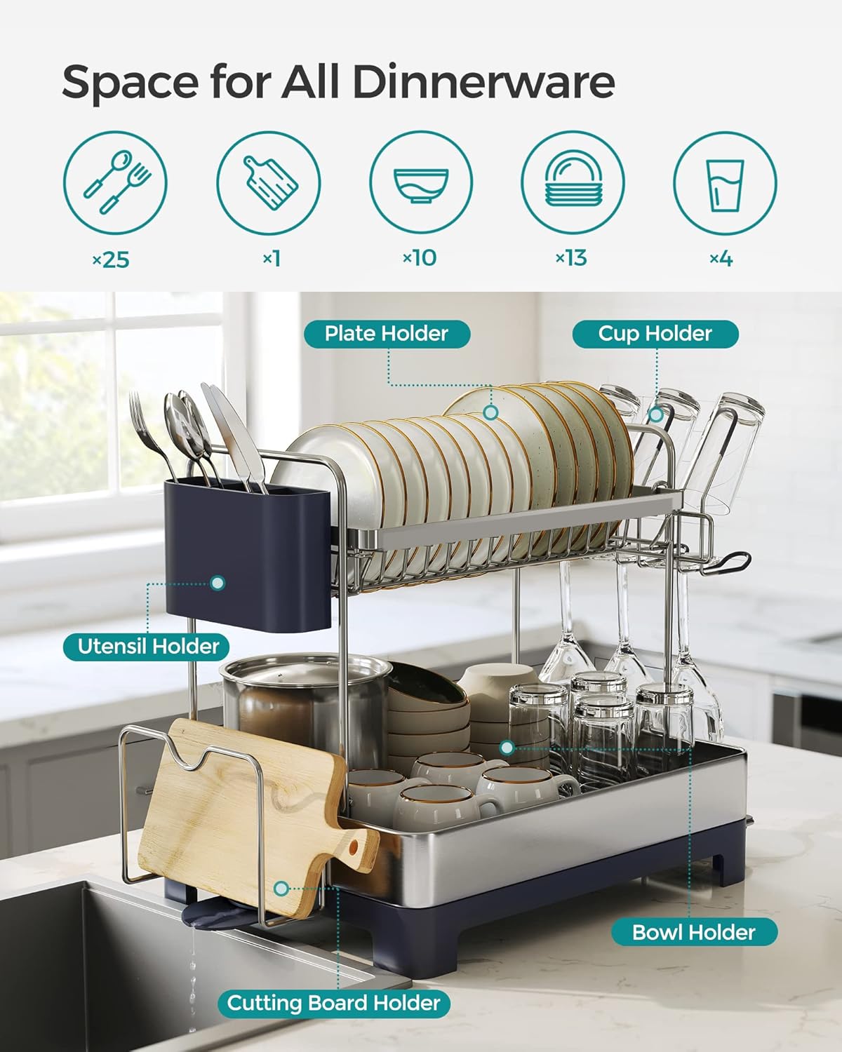 SONGMICS Dish Drying Rack - 2 Tier Dish Rack for Kitchen Counter with Rotatable and Extendable Drain Spout, Dish Drainer with Utensil, Cup, Glass, Cutting Board Holders, Silver and Gray UKCS032E01