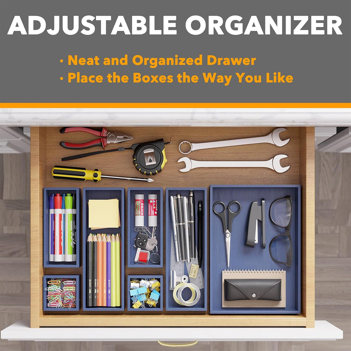 SpaceAid 7-Piece Bamboo Drawer Organizer Storage Boxes Set, Wood Tray Junk Drawer Organizers Multi-Use Divider Bins for Kitchen, Bathroom, Office Desk and Makeup Organization (7 Pack, Navy Blue)