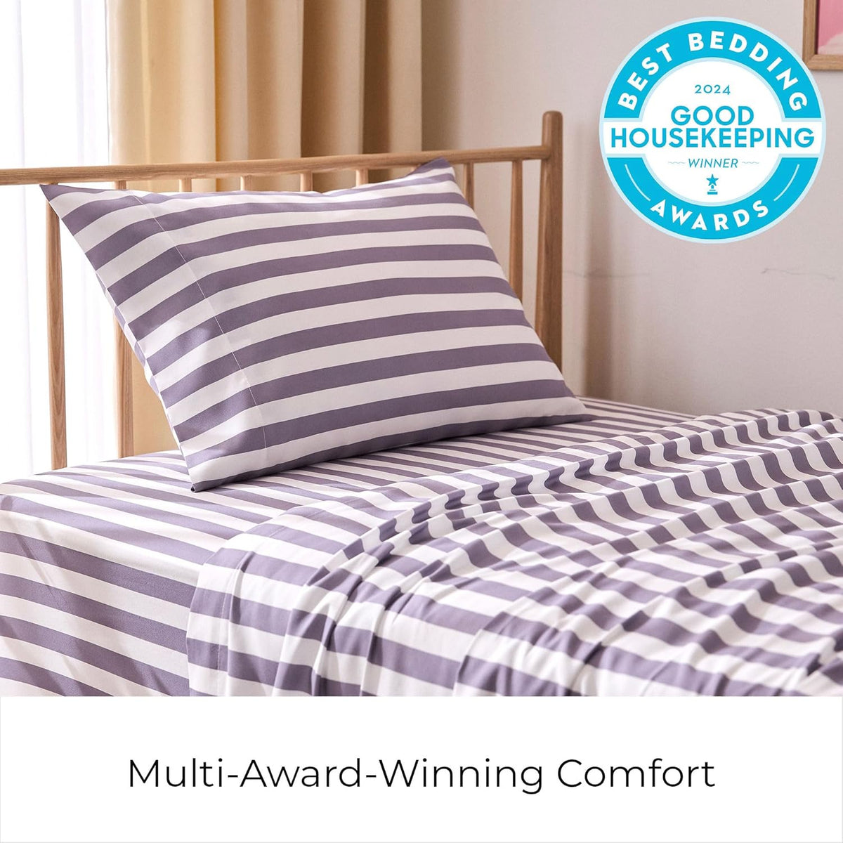 Mellanni Twin Sheets Set - 3 PC Iconic Collection Bedding - Hotel Luxury, Extra Soft, Cooling Bed Sheets - Wrinkle, Fade, Stain Resistant (Twin, Oxford Stripe Hazy Lilac)