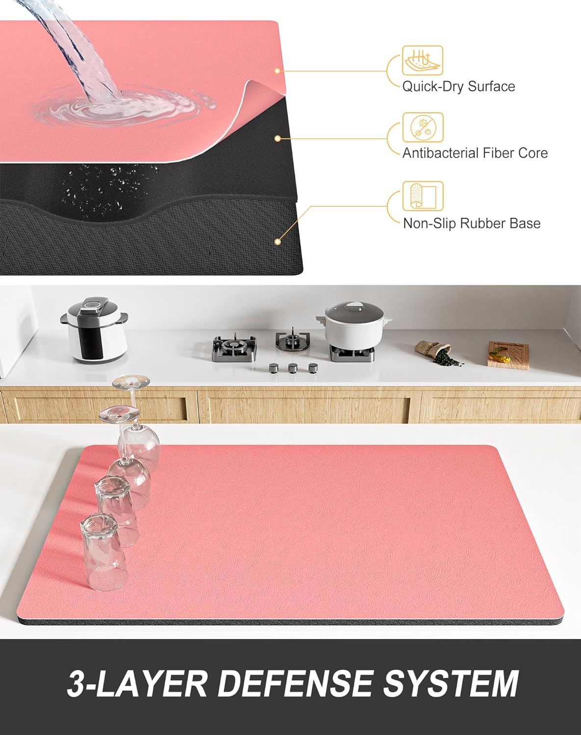 Rnivvi Dish Drying Mat for Kitchen Counter, 12 x 19" Super Absorbent Drainer Pad Easy Clean Dish Rack Pad, Non-Slip Heat Resistant Coffee Bar Mats for Coffee Machine Station Accessories, Rose Pink