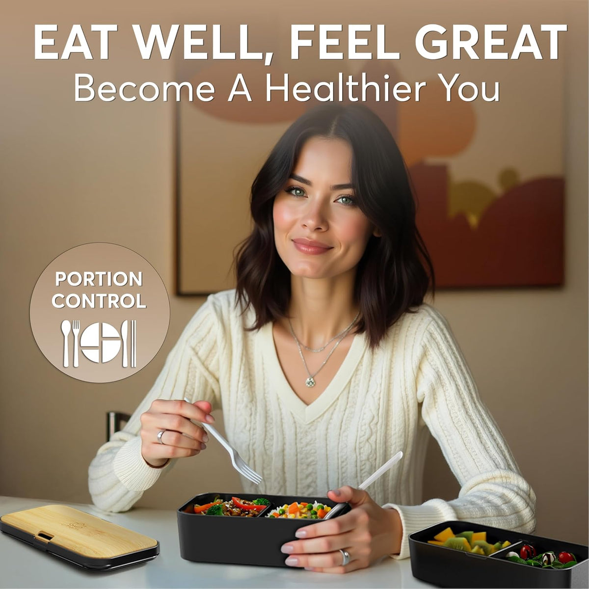 Umami Bento Box All-in-1 w/ 4 Utensils, 100% Leakproof, Dishwasher & Microwave Safe Lunch Containers for Adults w/ 4 Compartments, Black & Tan, 50 oz