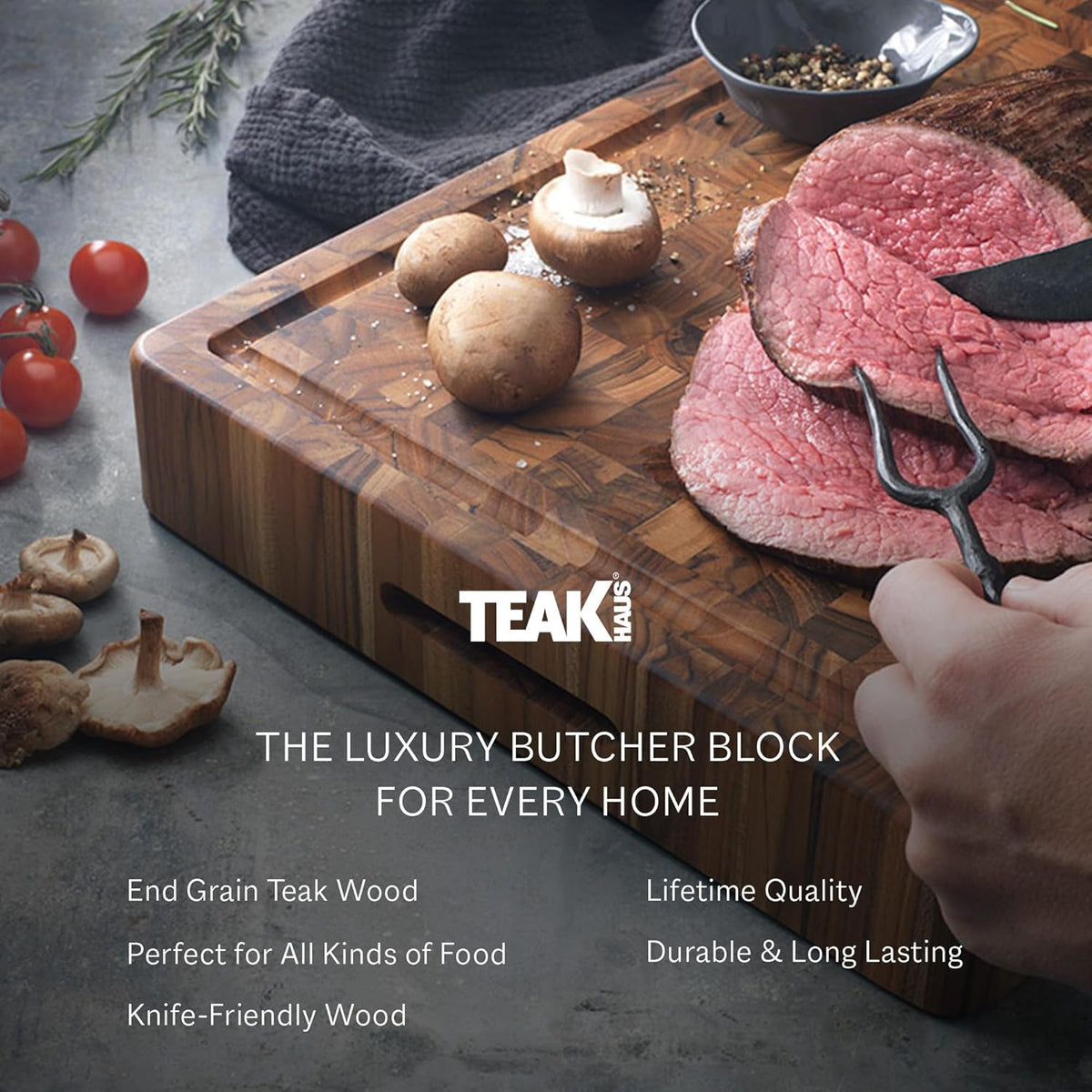 Teakhaus Butcher Block Carving Board - Large Extra Thick Cutting Board with Juice Groove and Grip Handles - Teak End Grain Wood - Knife Friendly - FSC Certified