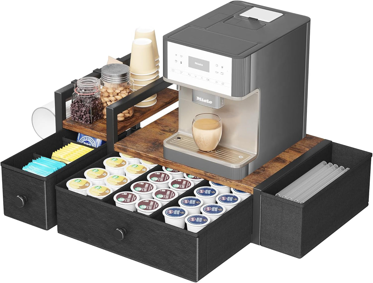 Homeiju Coffee Pod Drawers - K Cup Organizer, Nespresso Pods Holder with Mug Rack, Coffee Holder for Countertop, 52 Capacity Pods, Suitable for Kitchens, Offices and Coffee Bars（Patent Pending）