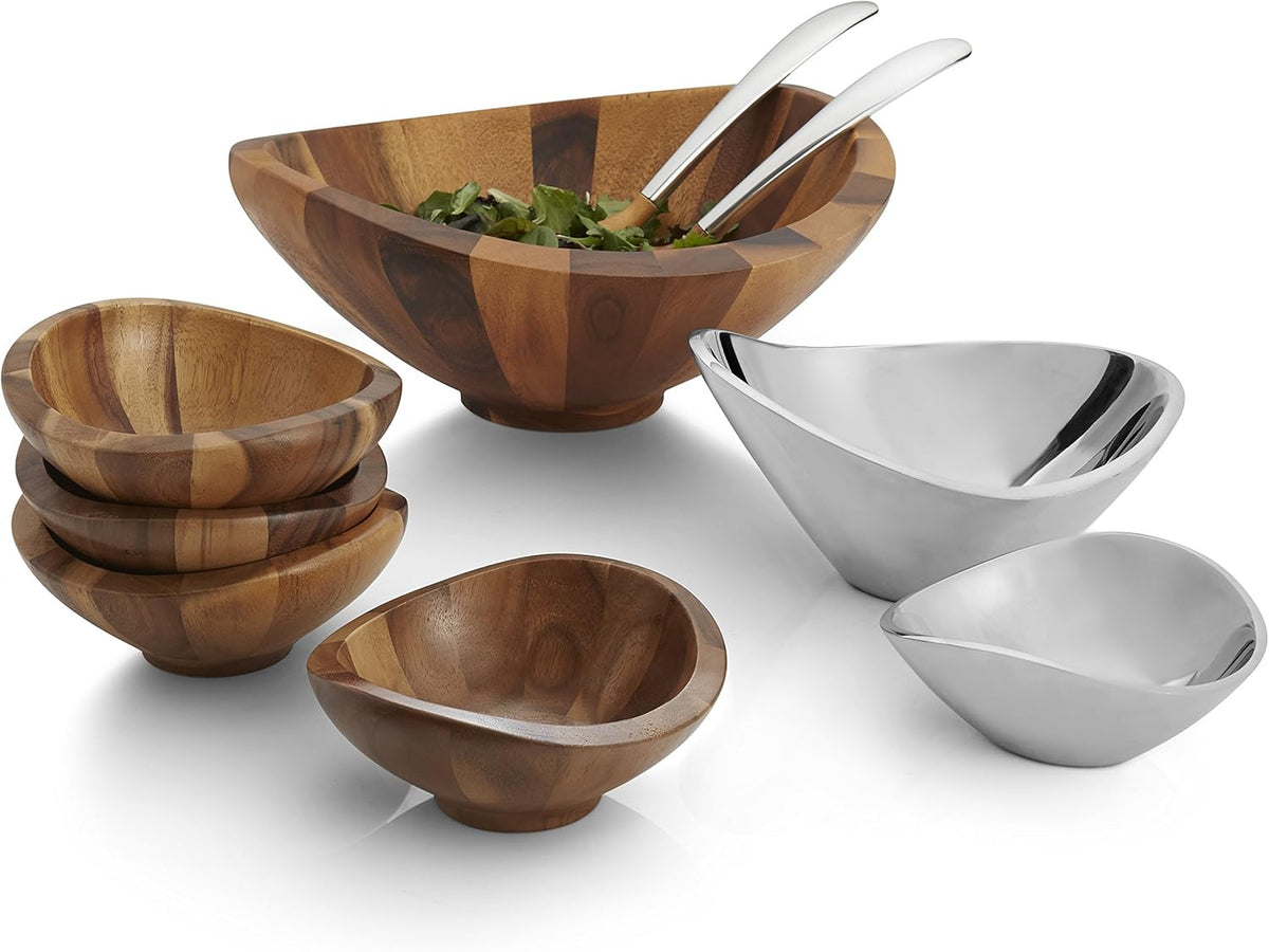 Nambe Butterfly Acacia Wood Salad Bowl with 2 Salad Servers | Made of Acacia wood Alloy | Large Deep Wooden Bowls | Acacia Wood Salad Bowl Set | Designed by Sean O’hara (16-in)