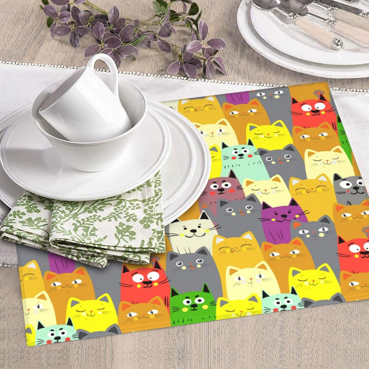 Charming Cat Dish Drying Mat, Highly Absorbent Microfiber Kitchen Counter Pad Reusable Washable, 16*18"