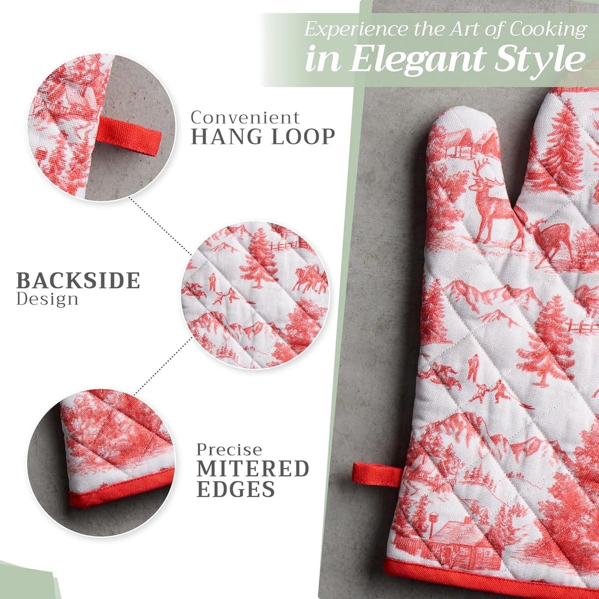 Maison d' Hermine 100% Cotton Oven Mitt & Pot Holder Set (7.5"x13" & 8"x8") Heat Resistant BBQ Cooking Gloves with Loop, Baking, Grilling, Kitchen, Handling Hot Pans (Winter Jouy)