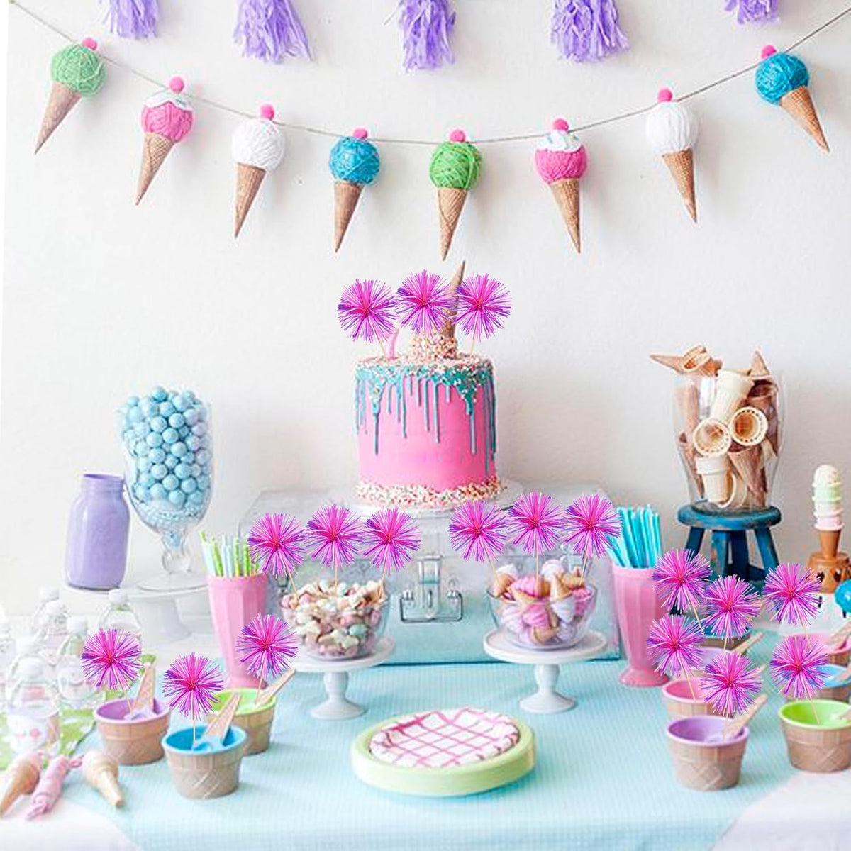 30 PCS Foil Firework Cupcake Toppers Happy Birthday Cupcake Toppers Sparkle Tinsel Flower Drink Stirrers Cocktail Fruit Toothpicks for Valentine's Day Baby Shower Party Cake Decor Supplies Rose Red