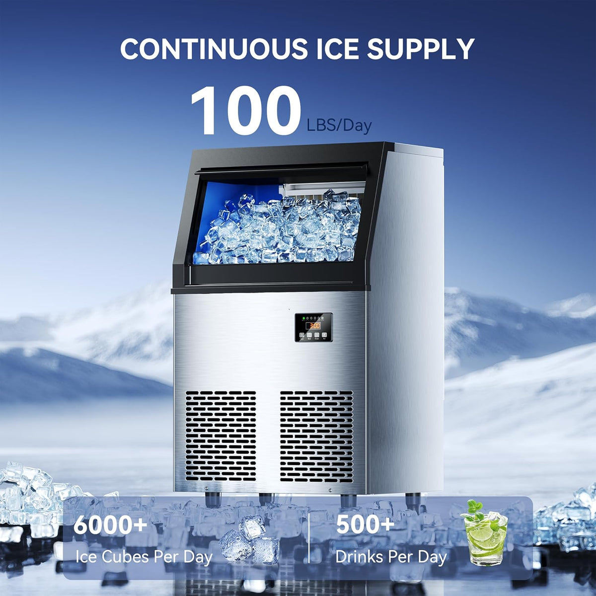 Commercial Ice Maker Machine, 100lbs/24H Ice Machine, 34lbs Storage, 45 Ice Cubes Ready in 6-15 Minutes, Freestanding Ice Maker for Bar, Home, Office, Restaurant
