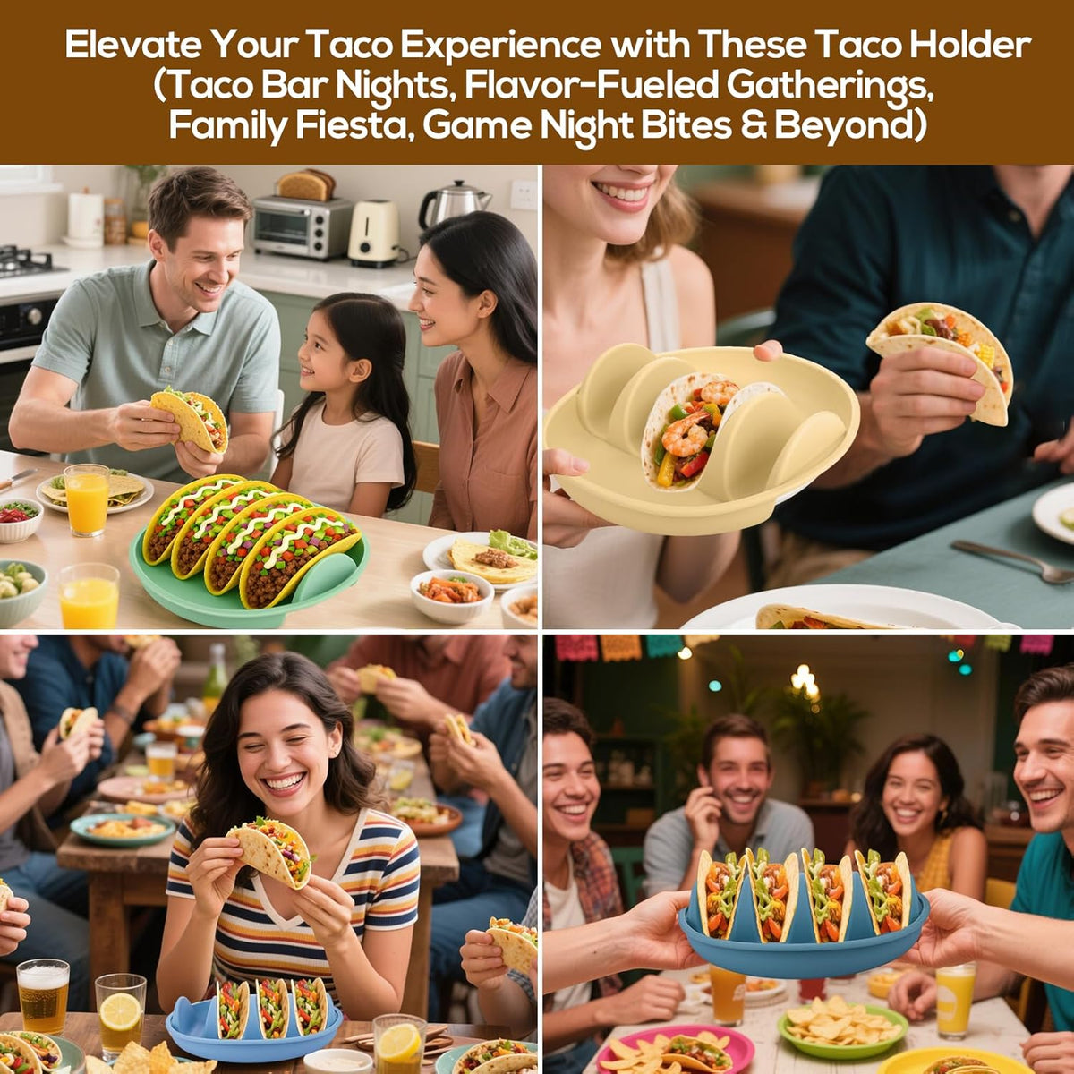 Silicone Taco Holder Plates Set of 4 - Reusable Taco Stand Plates with 4-Shell Slots, Oven/Microwave/Dishwasher Safe, Non-Slip Base for Tortillas Party Serving, Family Dinner & Meal Prep Accessories