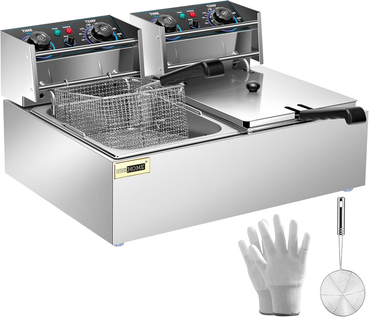 VIVOHOME 5000W 20.7 Qt Electric Deep Fryer with 60-Min Timer and Temperature Control, 2 x 6.35 QT Removable Baskets for Commercial and Home Use