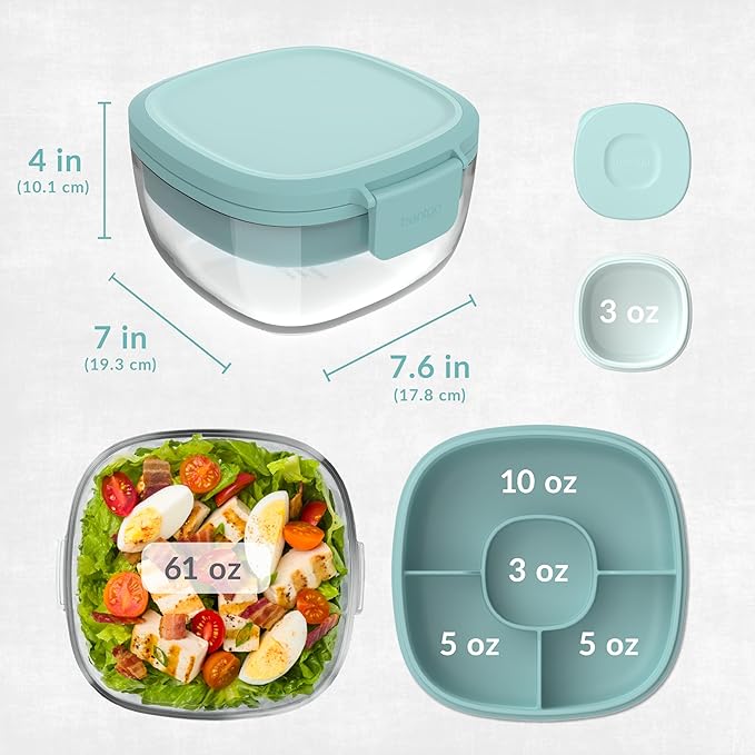 Bentgo Glass All-in-One Salad Container - Large 61-oz Salad Bowl with Lid, 4-Compartment Bento-Style Tray, 3-oz Sauce Container & Reusable Fork - Dishwasher, Microwave, Oven Safe (Coastal Seaglass)