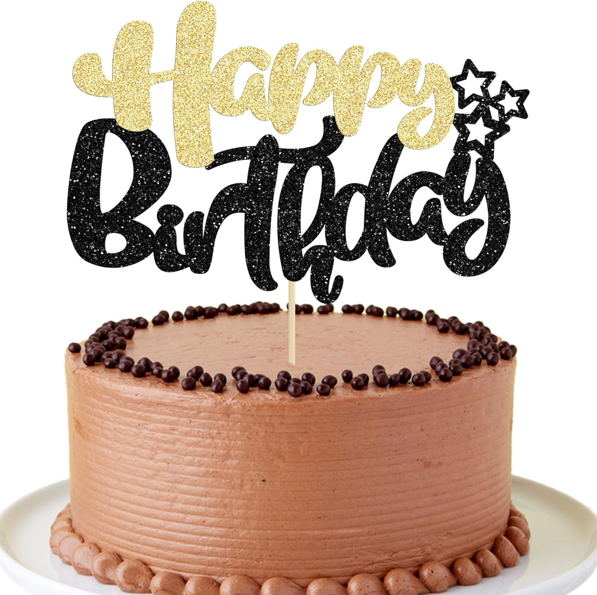 Ephlyn 1Pcs Happy Birthday Cake Topper Glitter Cake Pick for Celebrating Anniversary Theme Party Cake Decorations Supplies Black Gold