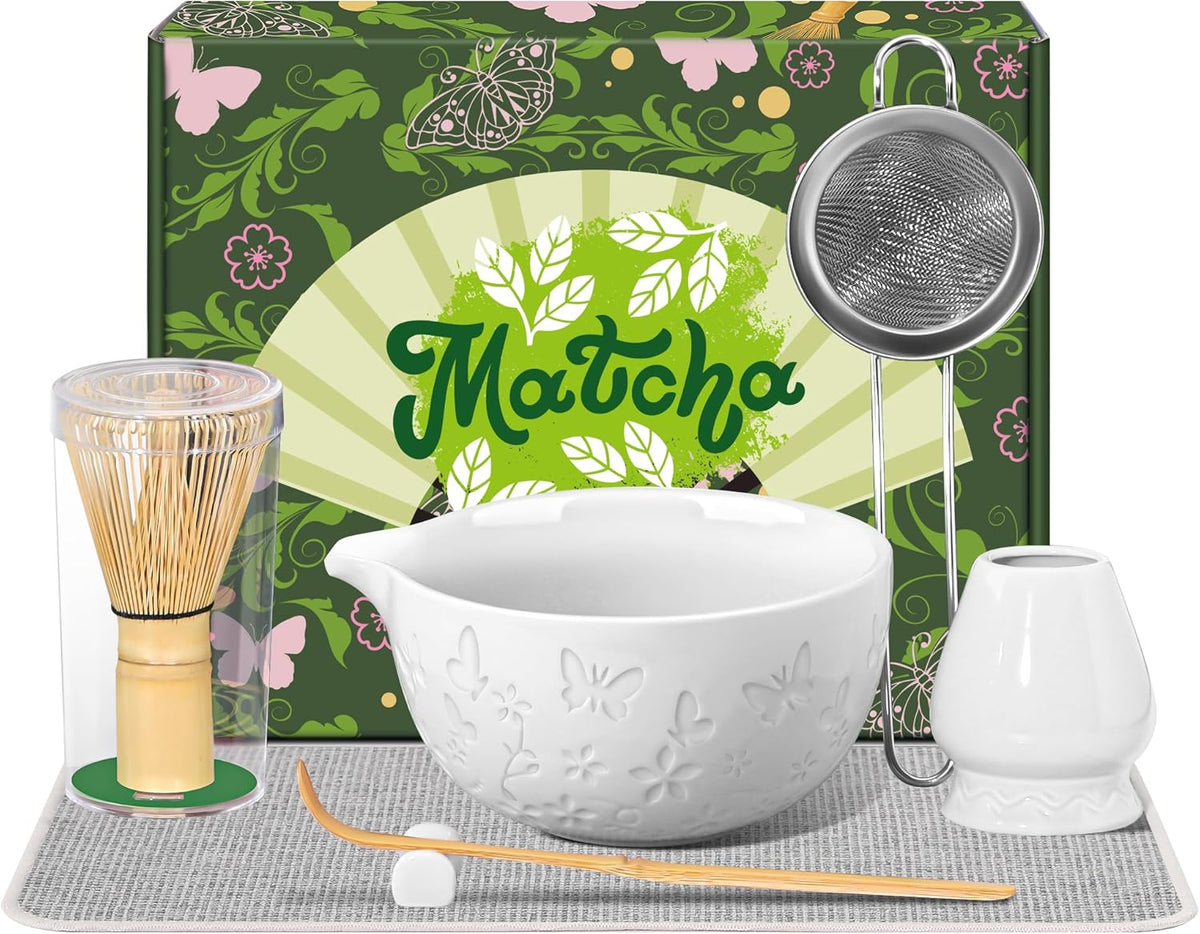 7 PCS Matcha Set Ceramic Matcha Making Kit, Bamboo Whisk, Bowl With Spout, Powder Starter Sifter, Ceramic Whisk Holder, Tea Towel, Scoop and Scoop Rest Matcha Whisk Set for Matcha Lover White