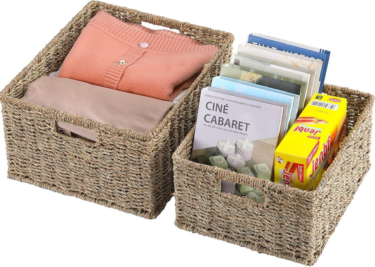HOONEX Large Wicker Baskets for Storage, Seagrass Baskets with Dual Handles, Woven Set of 2, Natural