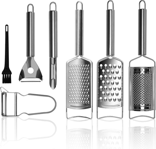 Cheese Grater Set, 7-Piece Zester Grater Peeler Set Stainless Steel Kitchen Utensil Set for Bar Restaurant Home Ginger Lemon Fruit Chocolate Vegetables Apple Gift for Christmas Birthday Housewarming