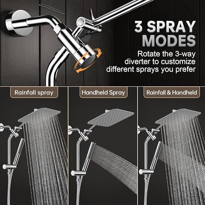 Veken Shower Head, 10'' All Metal Rain Shower Heads with Handheld Spray Combo, Hand Held Bathroom Combo with Extension Arm, Dual shower with Power Wash, Adjustable Rainfall Showerhead, Chrome