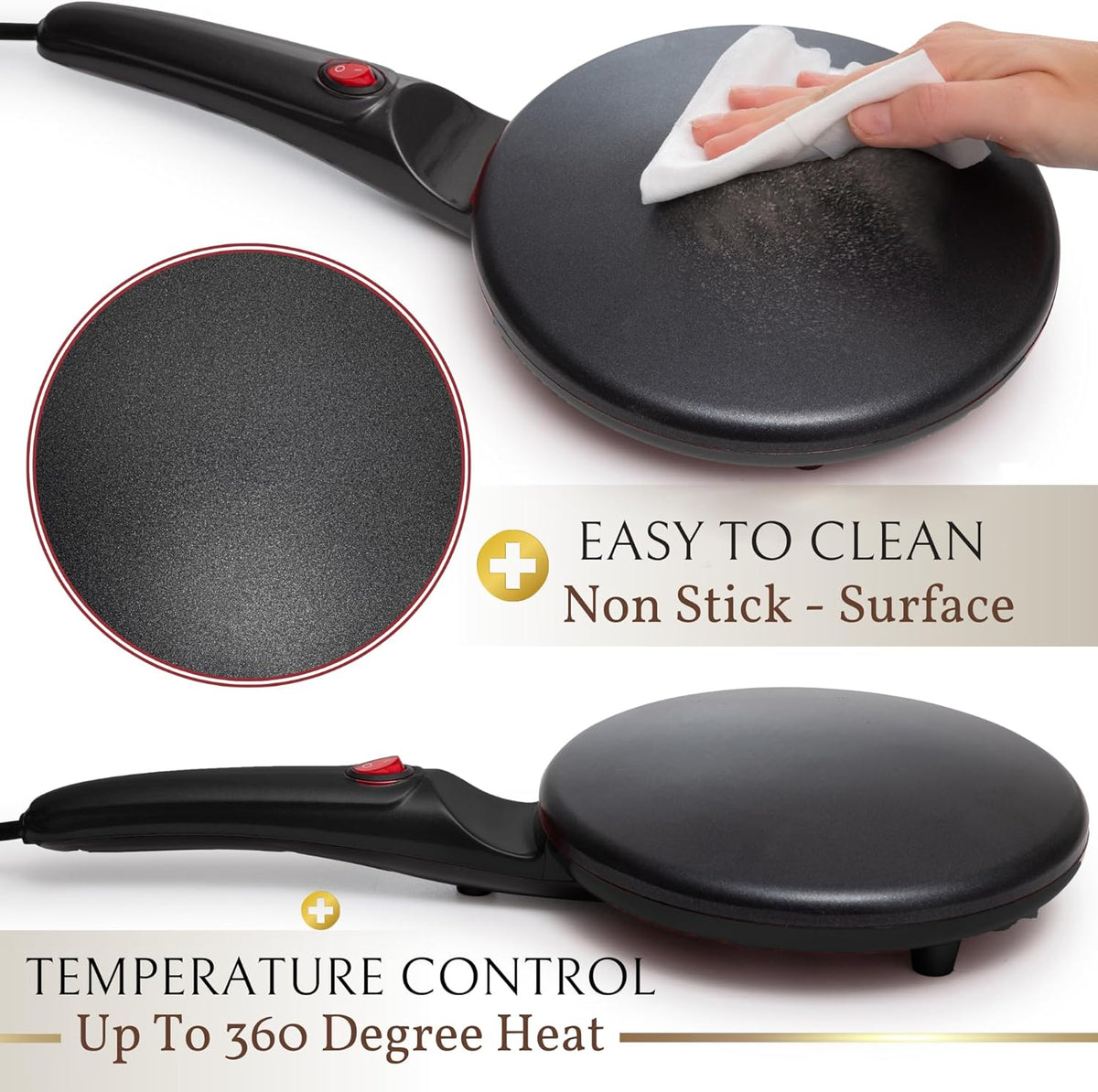 Moss & Stone Electric Crepe Maker – 8” Portable Crepe Pan Nonstick with Dipping Plate, Auto Shut-Off, On/Off Switch, Even Heating & One Automatic Temperature Control – Compact Crepe Maker