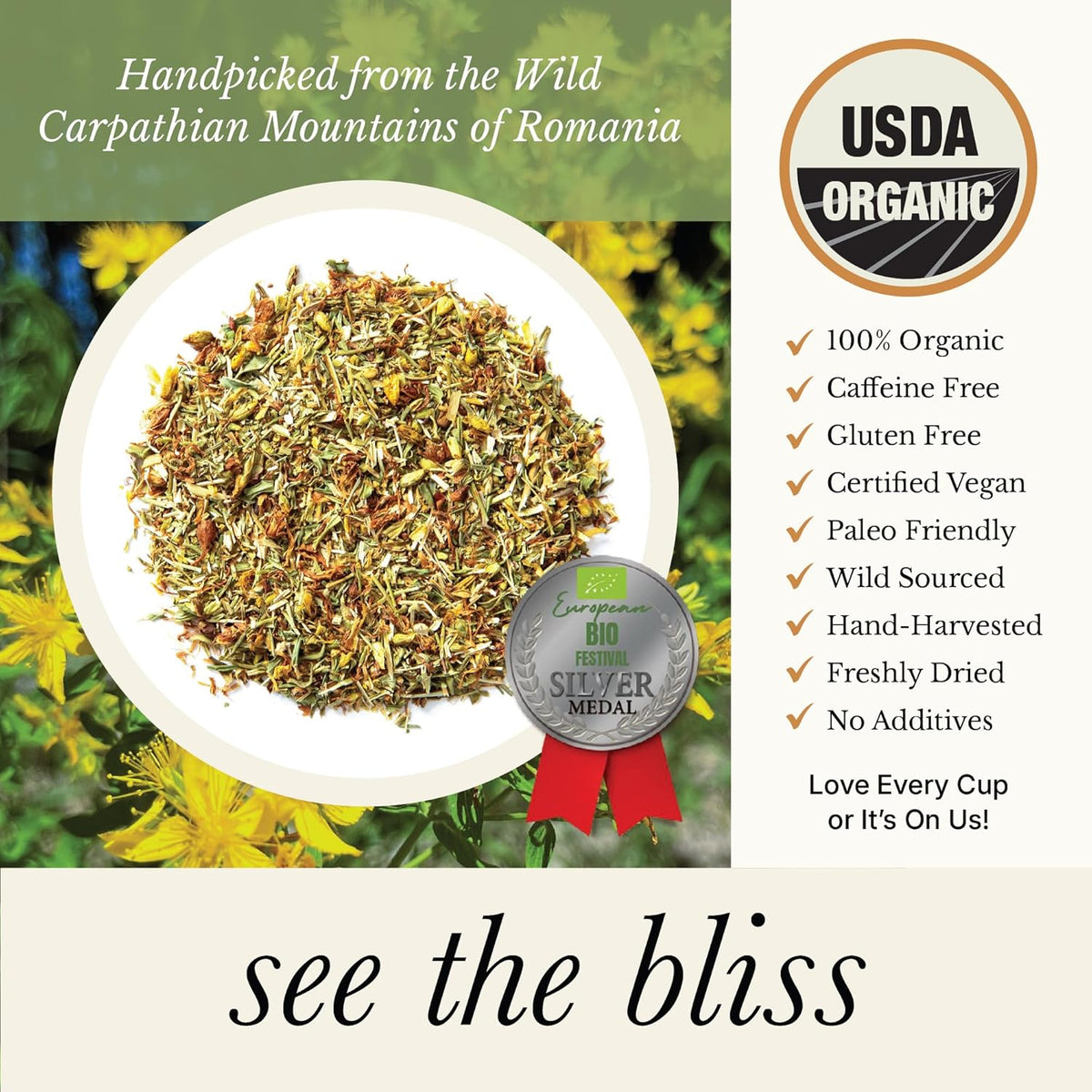 Wild Bliss Organic St Johns Wort Tea - Caffeine Free Mood Balance Support Herbal Tea - Pharmacopoeia Potency - Loose Leaf 3.52 Oz - 50 Servings