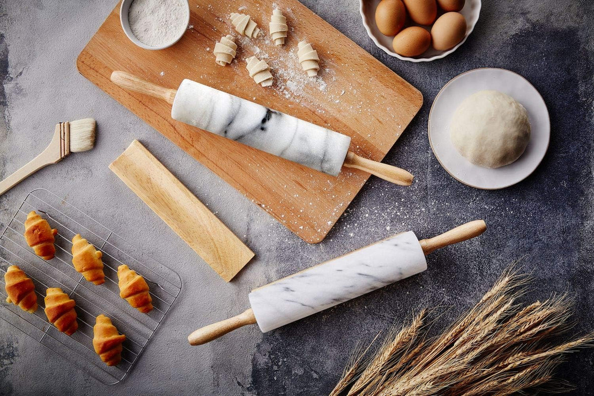 JEmarble Pastry Board 16x20 inch Set with Rolling Pin/Wooden Handles 18 inch(White) Non-Slip Rubber Feets for Stability Perfect for Keep the Dough Cool and Chocolate Tempering(Premium Quality)