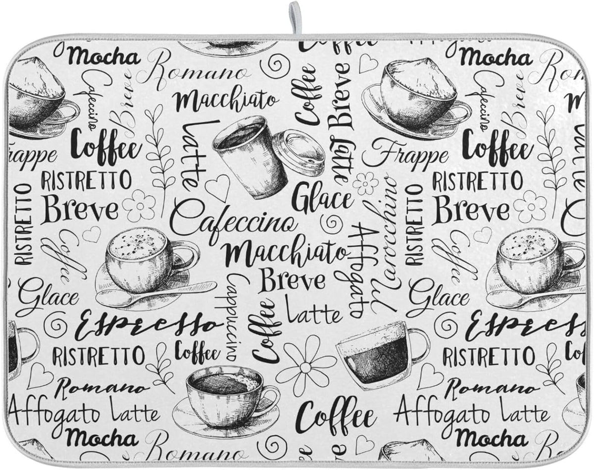 Coffee Cups Print Dish Drying Mat for Kitchen Counter Absorbent Microfiber Drying Pad, Large 18x24 in, Reversible Drainer Mats