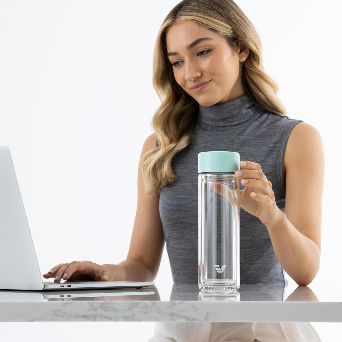 Glass Multi Tea Infuser Bottle 14oz - Double Wall Borosilicate Glass Flask | No Plastic Touches Contents | Perfect for Office or Home - Light Green