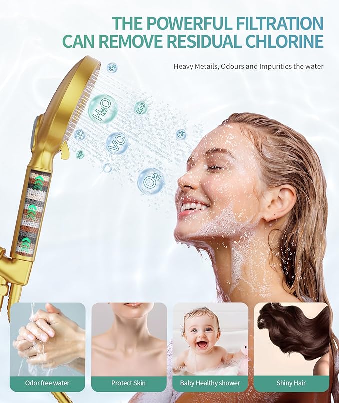 Filtered Shower Head with Handheld, High Pressure 9 Spray Mode Brushed Gold Showerhead with 4 Filters, Detachable Shower Head, Water Softener Filters Beads for Hard Water - Remove Chlorine