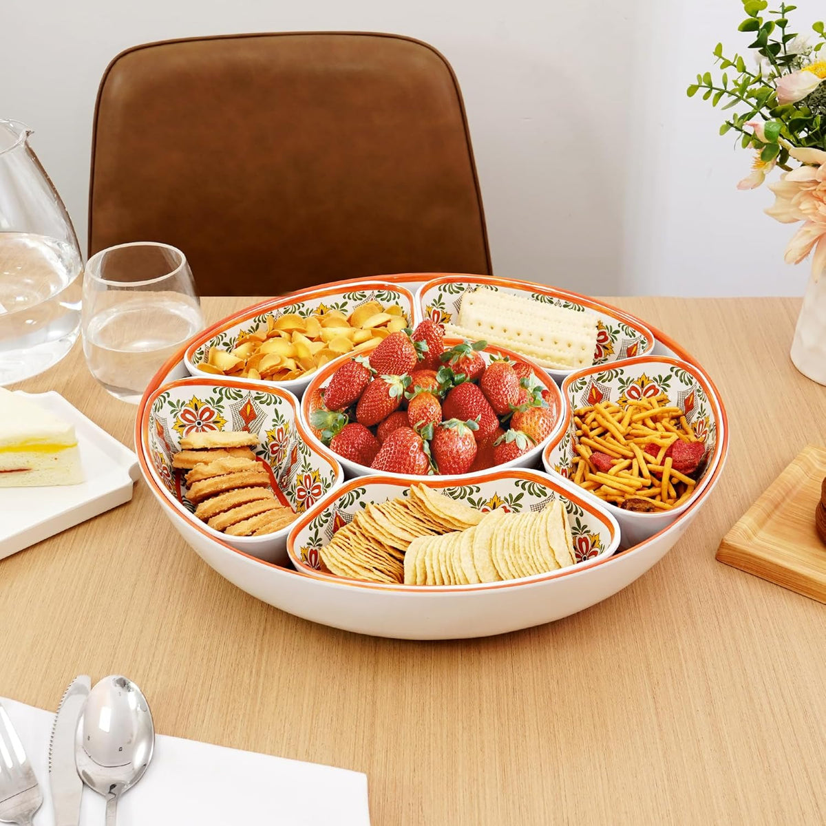 TP Taco Bar Serving Set, Melamine Serving Platter with Lazy Susan, Serving Tray and Bowls, Taco Tuesday Kit Snack Holder for Party and Fiesta, Talavera Bloom