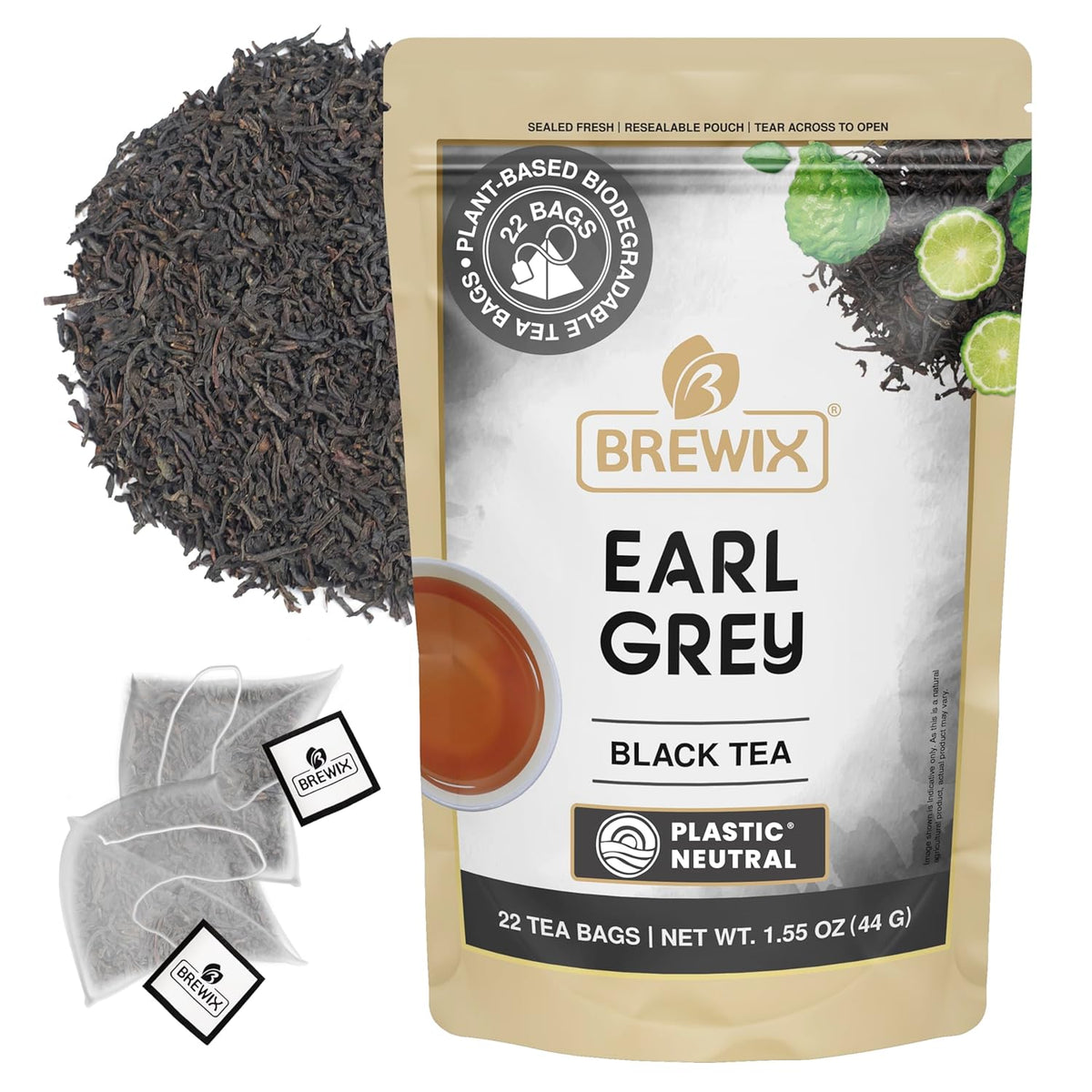 BREWIX, Earl Grey Tea Bags (22 Pyramid Tea Bags) Long Leaf Indian Black Tea with Bergamot, Packed in Resealable Ziplock Pouch | Black Tea with Bergamot