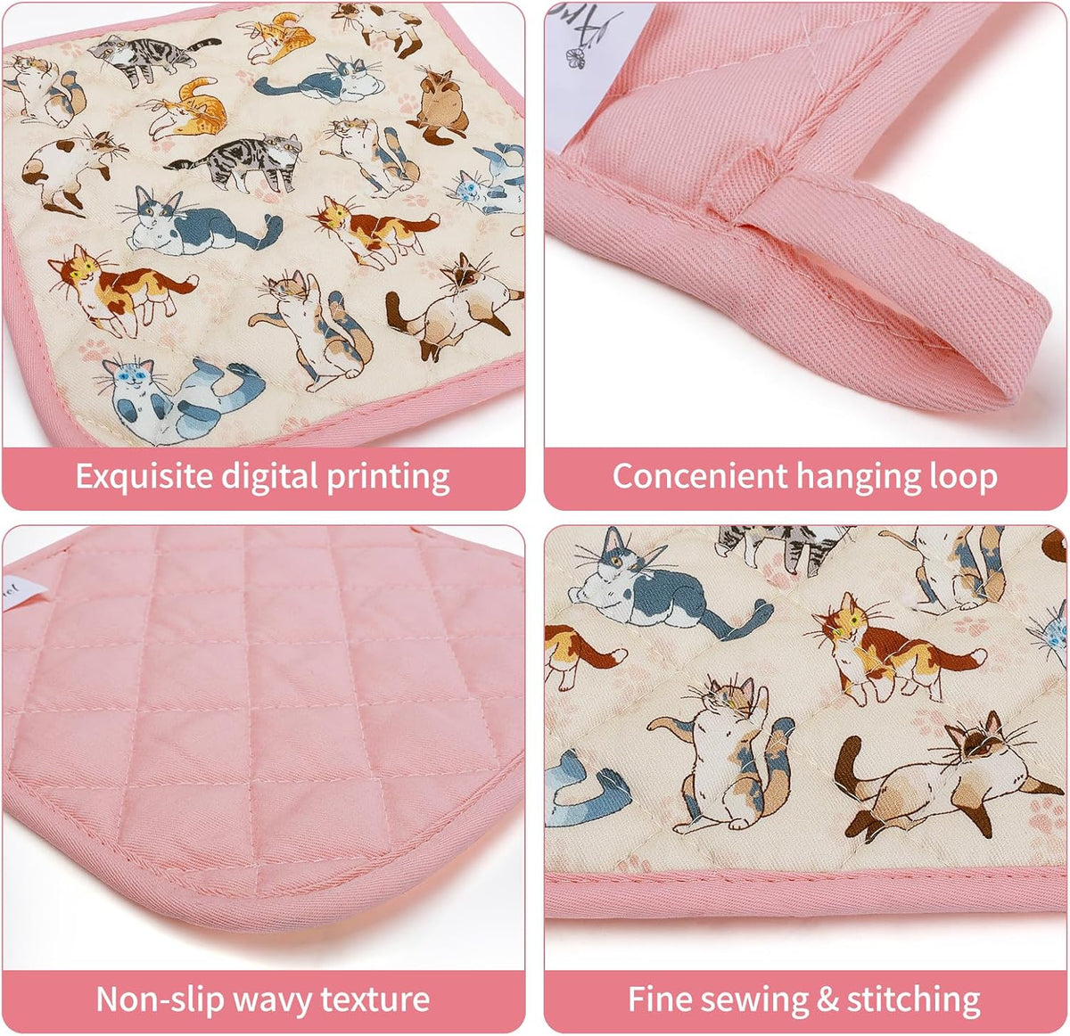 Cat Oven Mitts and Pot Holders Sets 100% Cotton Heat Resistant, Extra Long Oven Gloves Potholder for Kitchen Cooking Baking Housewarming