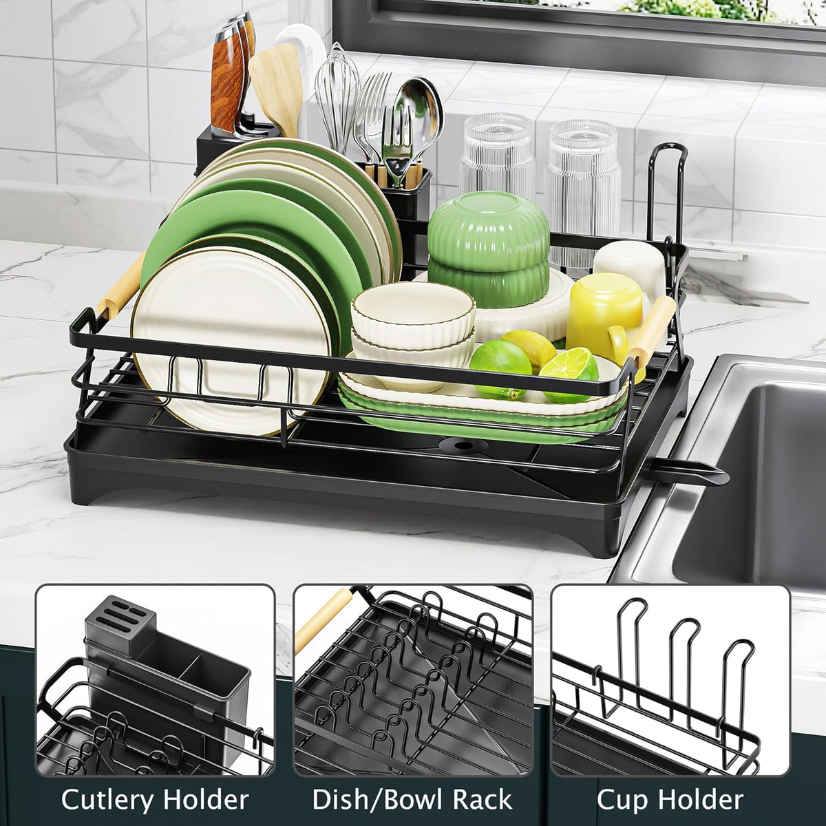 Epicano Dish Drying Rack for Kitchen Counter,Space-Saving Dish Rack,Rustproof Dish Drainer with Utensil Holder and Knife Slots for Sink,Kitchen Drying Rack with Wooden Handle and Cup Holder, Black