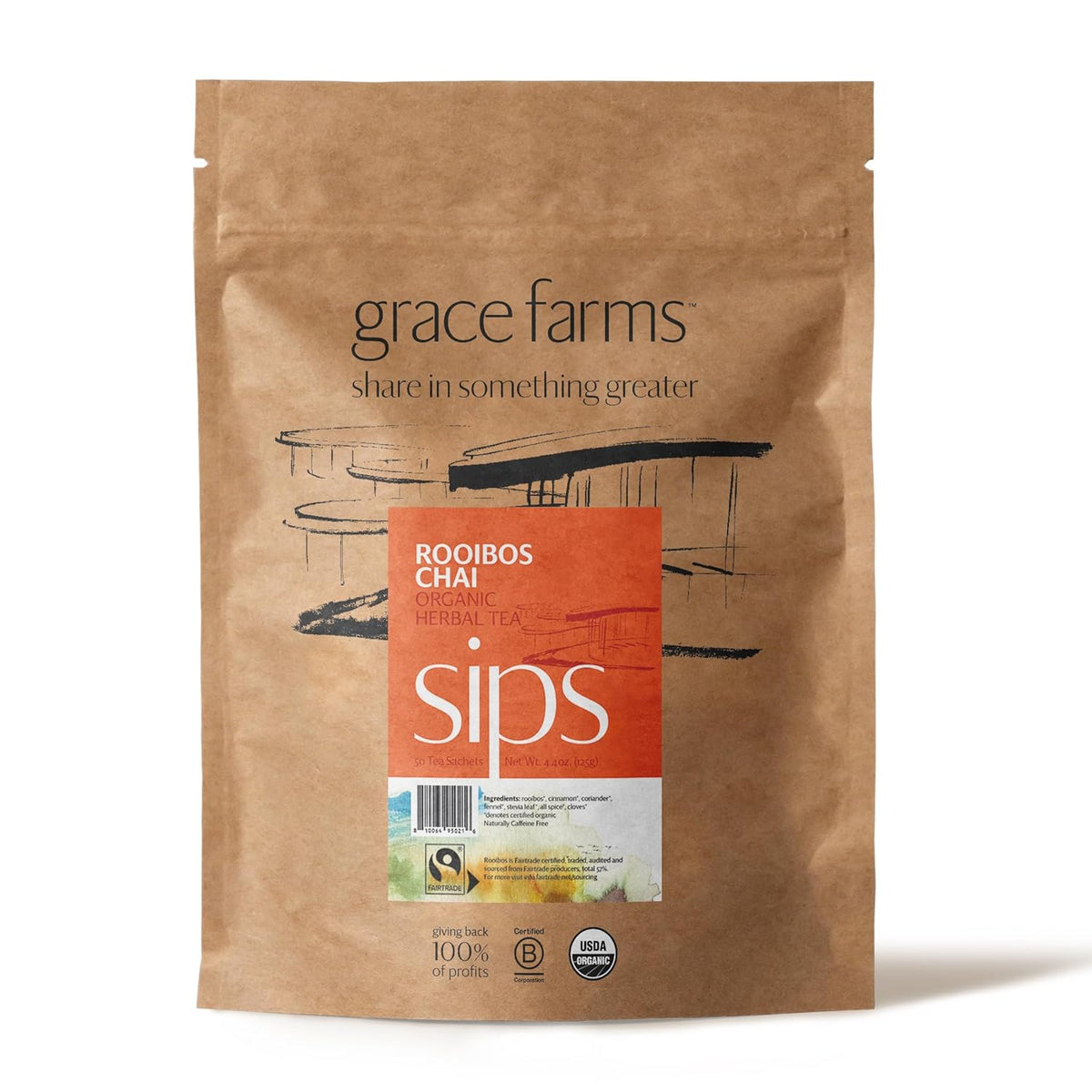 Grace Farms ROOIBOS CHAI Herbal Teas (50 count) | Naturally Sweet, Healthy and Caffeine Free | Organic, Fair Trade and Kosher Certified | Gives Back 100% of Profits