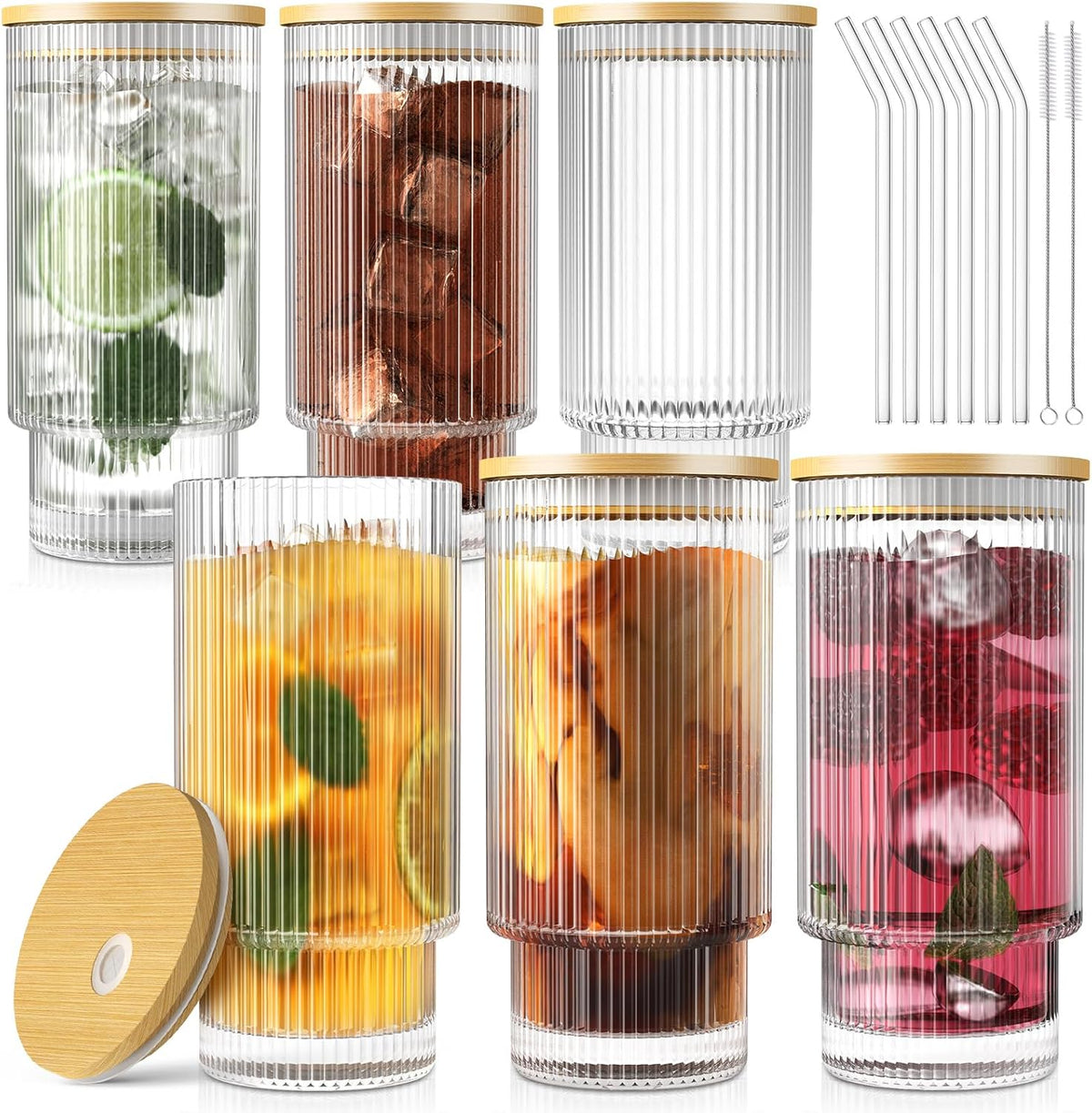 16Oz Glass Cups, 6Set Glass Tumbler with Straw and Lid, Vintage Glassware for Whiskey Cocktail Beer, Iced Coffee Cups with Lid (6 PACK)