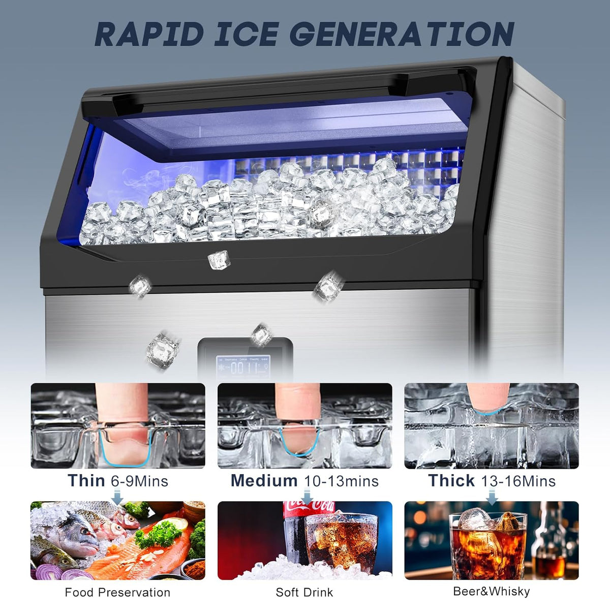 Commercial Ice Maker Machine 250LBS/24H with 75LBS Storage Bin, Stainless Steel Undercounter/Freestanding Ice Maker Machine for Home Bar Outdoor, 80PCS Ice Cubes Ice Machine, Self Cleaning