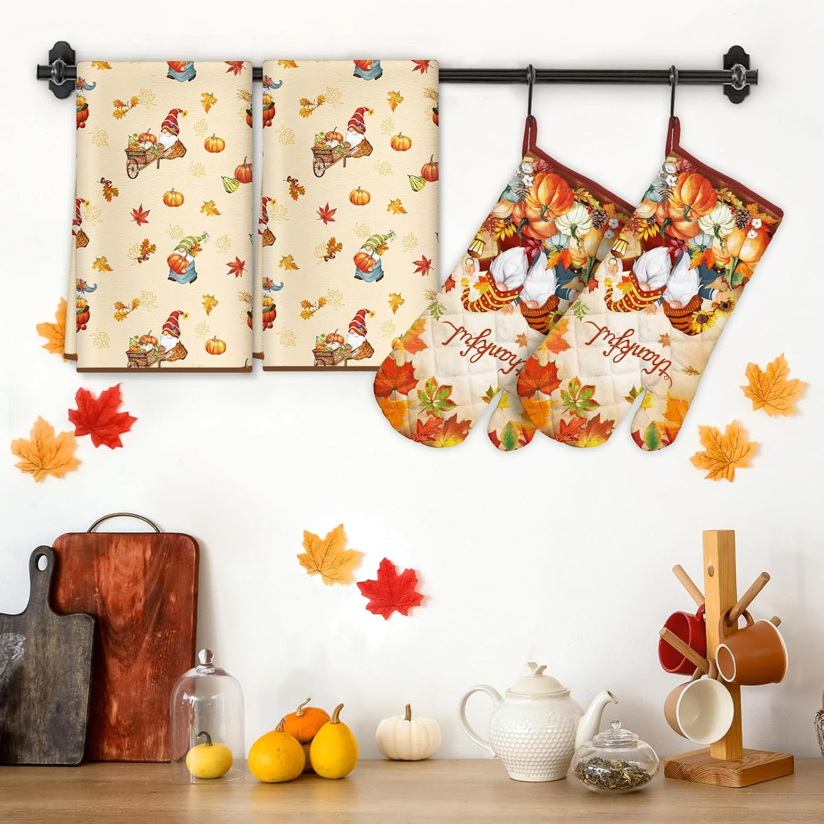 Fall Thanksgiving Gnome Kitchen Towels and Oven Mitts Set 4Pcs, Soft Absorbent Dish Cloth Heat Resistant Oven Gloves for Cooking Baking Kitchen Decoration, Gifts for Her