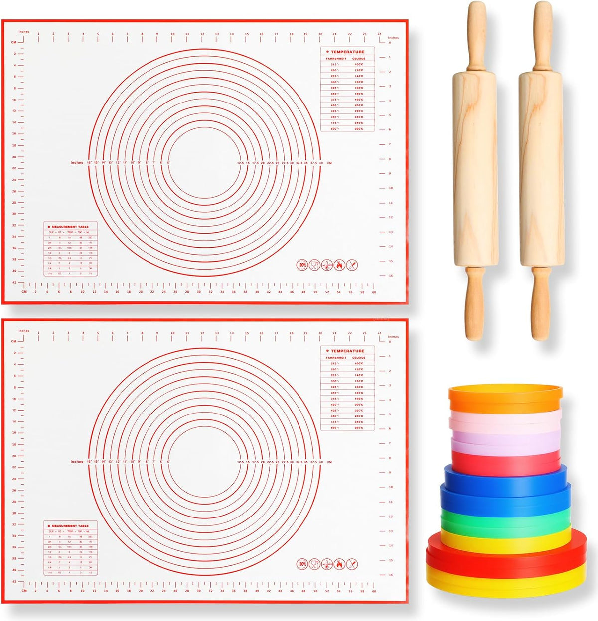20 Pcs Rolling Pin Set Include 2 Classic Wood Dough Rollers 16 Adjustable Thickness Guide Rings 2 Pastry Mats Non slip Silicone Baking Essentials for Fondant Pasta Bread Pizza Pies Cookies
