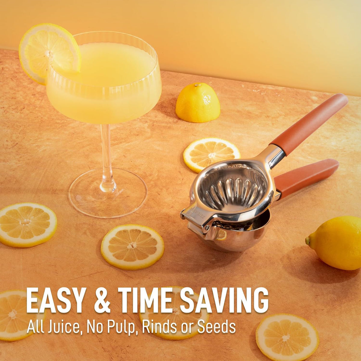 Zulay Lemon Squeezer Stainless Steel with Premium Heavy Duty Solid Metal Squeezer Bowl and Food Grade Silicone Handles - Large Manual Citrus Press Juicer and Lime Squeezer Stainless Steel (Orange)