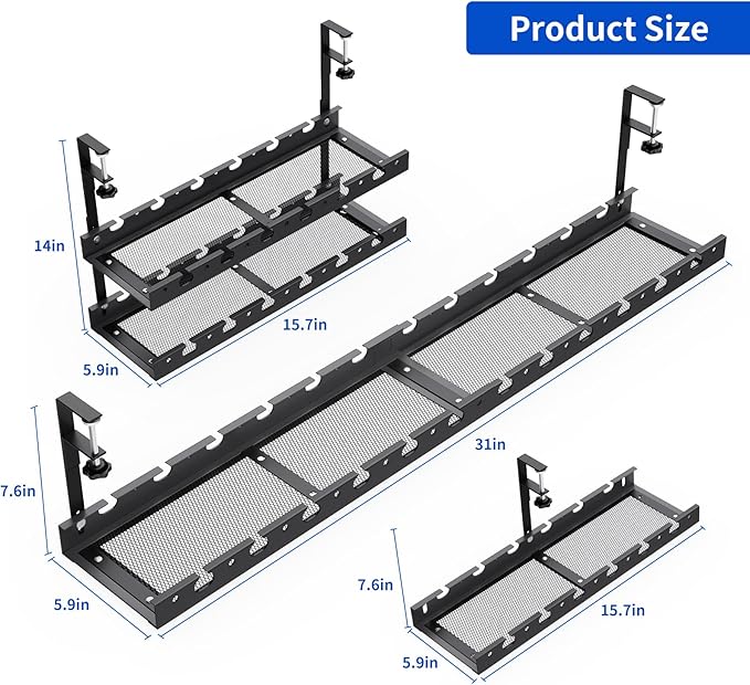 31Inch Extendable Under Desk Cable Management Tray Multi-Model Metal Cable Management Tray Under Desk Cord Management with Clamp Power Strip Cord Holder for Wire Cable Management, Black