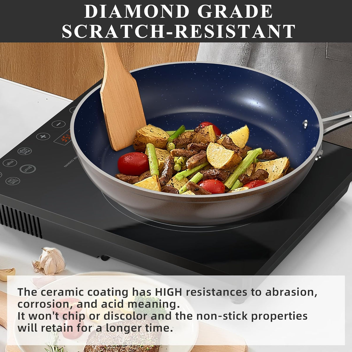Nuwave Healthy Duralon Blue Ceramic Nonstick Cookware Set, Diamond Infused Scratch-Resistant, PFAS Free, Dishwasher & Oven Safe, Induction Ready & Evenly Heats, Tempered Glass Lids & Stay-Cool Handles