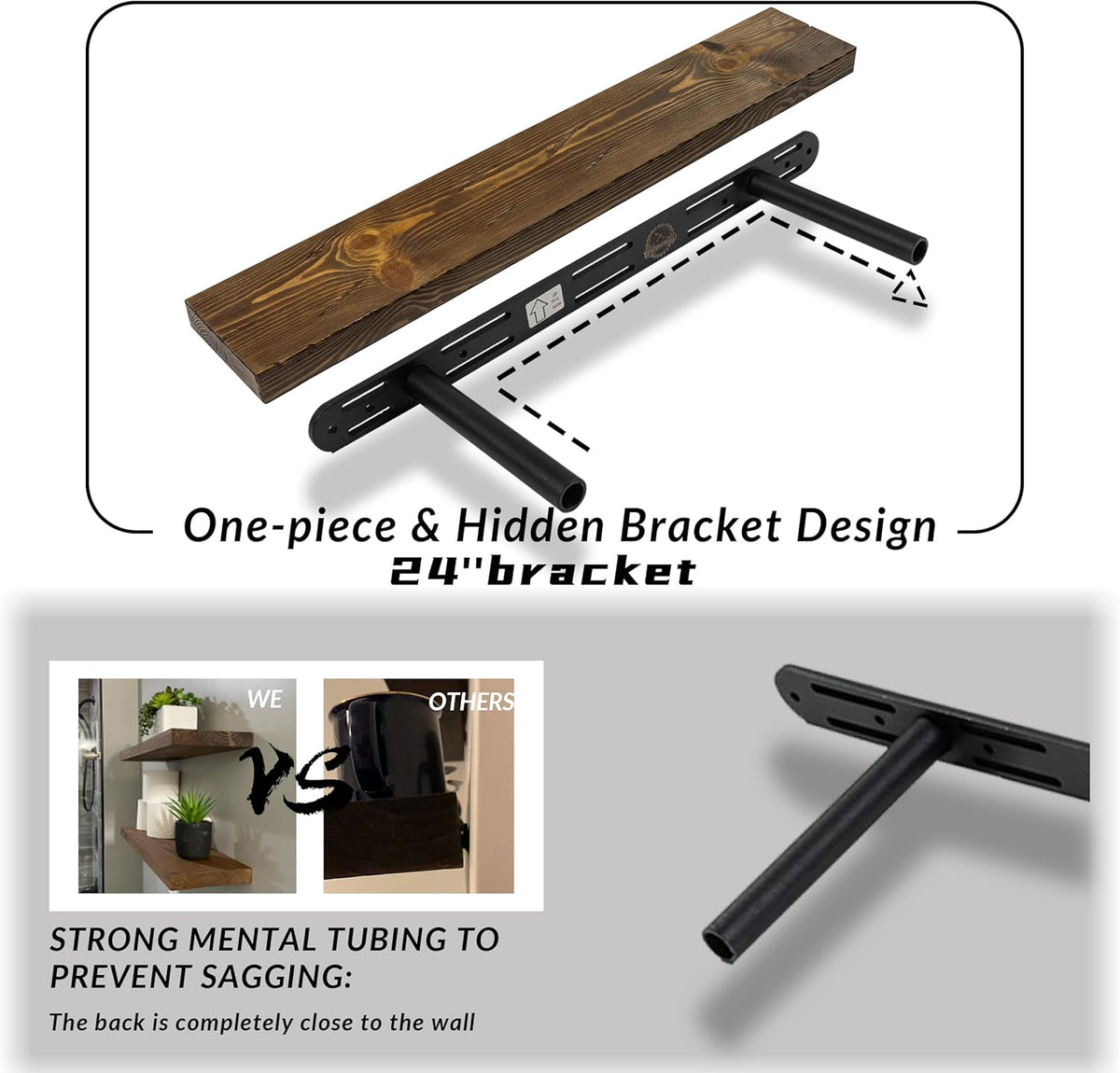 Distressed Floating Shelves 24 inch Long Set of 2,8 inch deep Solid Wood Wall Mounted Shelves for Living Room Kitchen,Book Shelf for Wall with Hidden Bracket- Distressed Black Walnut