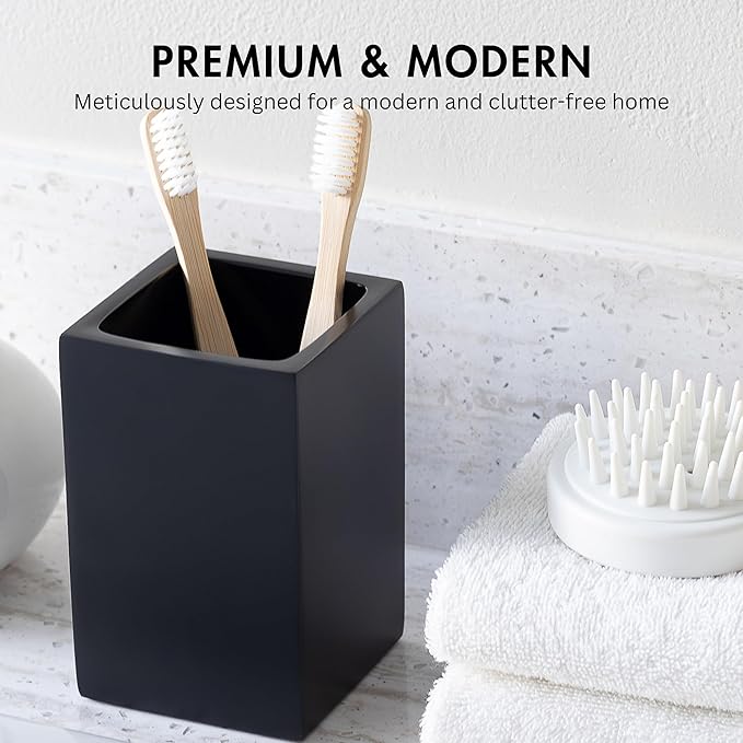 Matte Black Toothbrush and Toothpaste Holder for Bathroom Vanity and Countertop, Square Organizer for Electric Toothbrushes, Floss, Razors, Cotton, and Mouthwash
