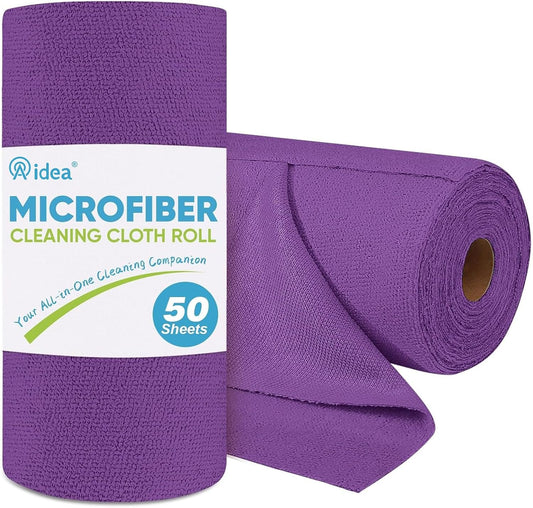 AIDEA Microfiber Cleaning Cloth Roll, 50PK, Reusable Paper Towels Tear Away Cloth, Microfiber Towels for Cars, Lint Free Cleaning Rags for House, Kitchen, Window, 11.5"×11.5", Purple