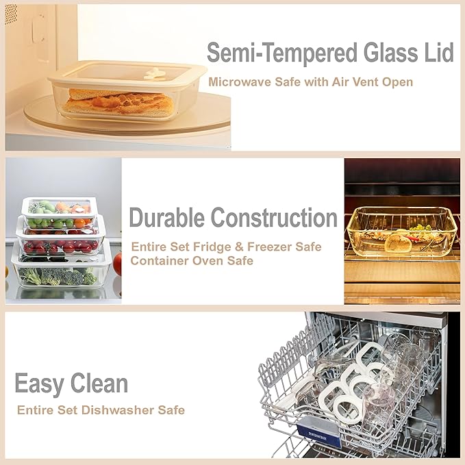Urban Green Glass Food Container Set with Glass Lid, 3 Pack, Food Storage Containers Set, Airtight, LeakProof, 100% Plastic Free, Meal Prep Containers (White Color)