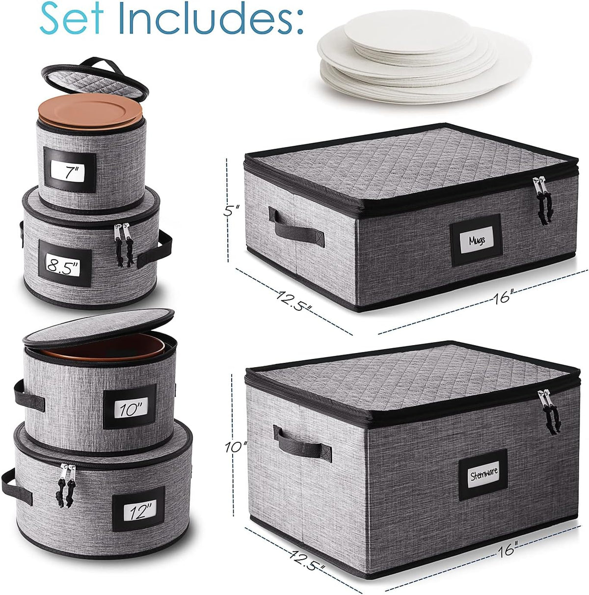 Hearth & Harbor Fine China Storage Containers, 6 Piece Dish Storage Containers, Stackable Plate Storage, Coffee Mug Storage and Wine Glass Storage Box with Dividers, Quilted Dish Organizers, Grey
