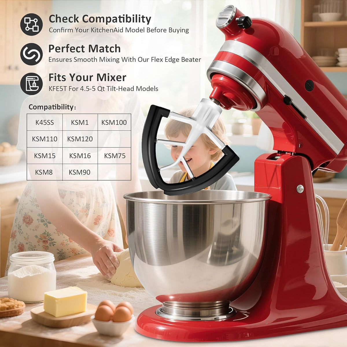 Flex Edge Beater for KitchenAid 4.5/5 Qt Tilt-Head Stand Mixer – Auto-Scrape Silicone Paddle, Dishwasher Safe, Flexible Silicone Edges Bowl Scraper For Kitchen Aid Accessories and Attachments (Black)
