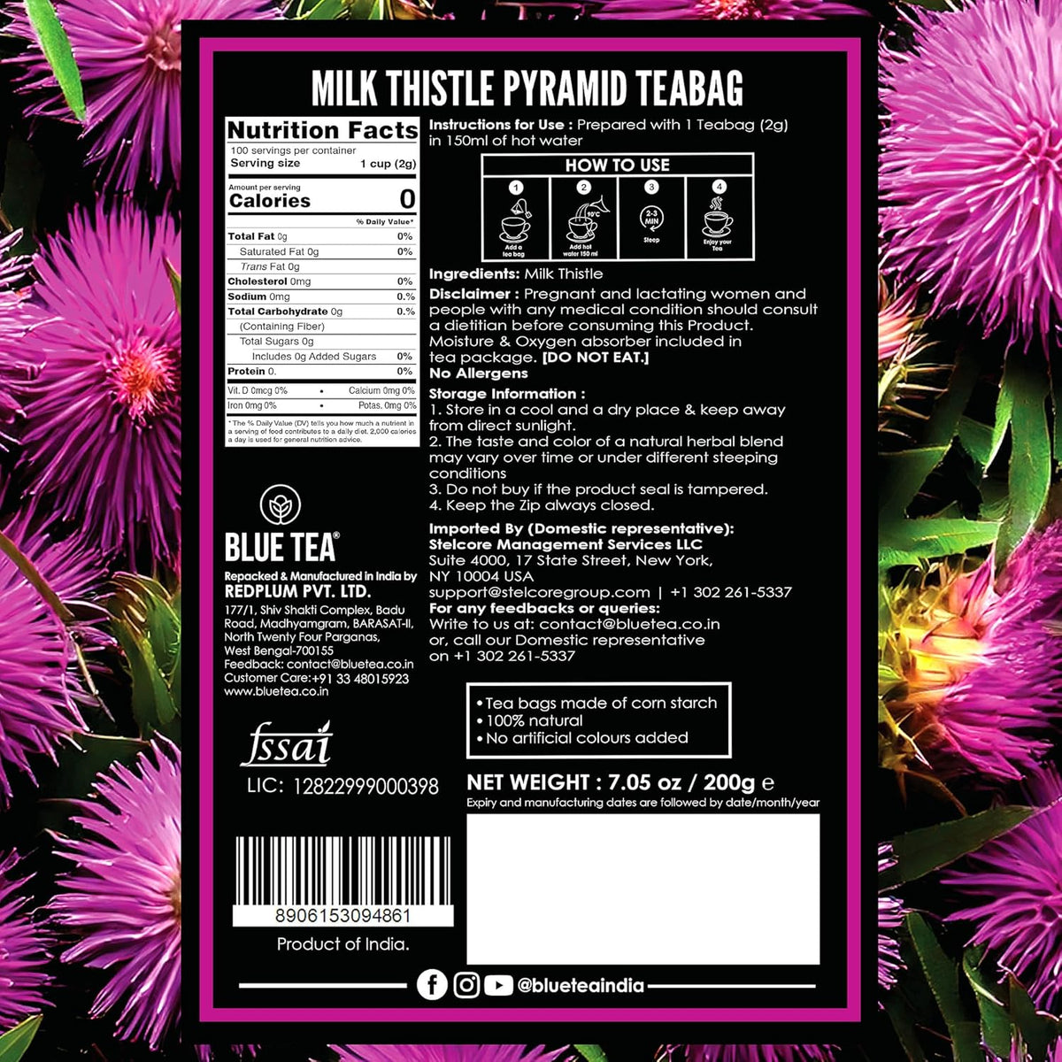 BLUE TEA - Milk Thistle Tea - 100 Count - Pyramid Plant Based Tea Bag | Liver Cleaning and Immune Support | Milk Thistle Seeds - Caffeine Free - Herbal Tea - Non Bitter | Zipper Pack