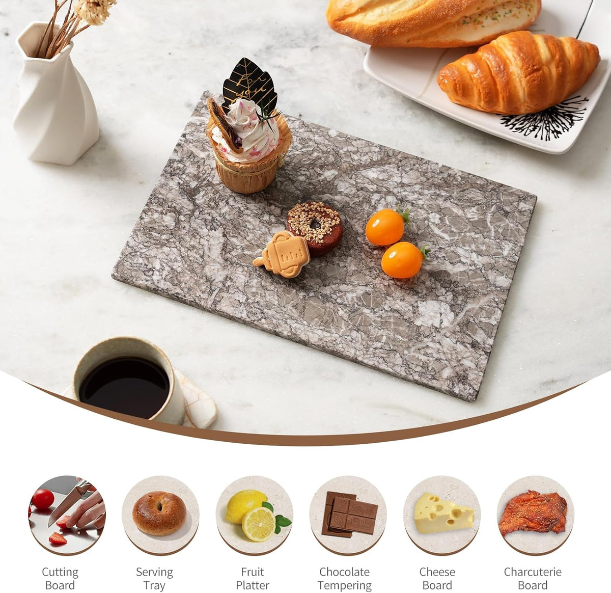 Koville Natural Marble Cutting Board for Kitchen Pastry Bread, 12" x 8" Real Stone Slab Marble Cheese Board for Counter, Decorative Boards Serving Boards for Home Kitchen(Morocco-Zagora Gray)