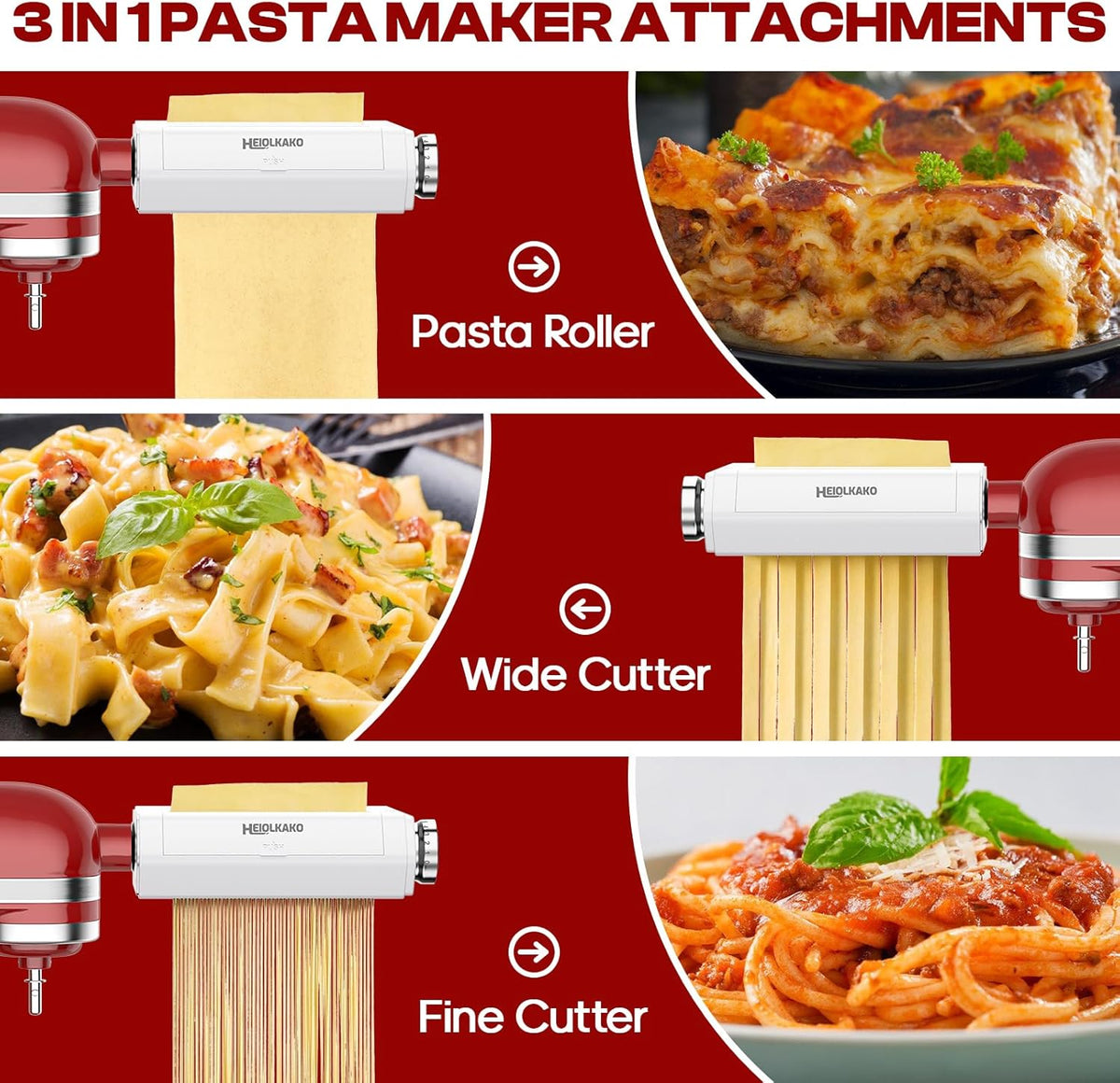 Pasta Attachment for KitchenAid Stand Mixer, 3 in 1 Set Pasta Maker KitchenAid Attachment Includes Spaghetti Cutter, Pasta Sheet Roller and Fettuccine Cutter, Attachment for Kitchenaid Mixers