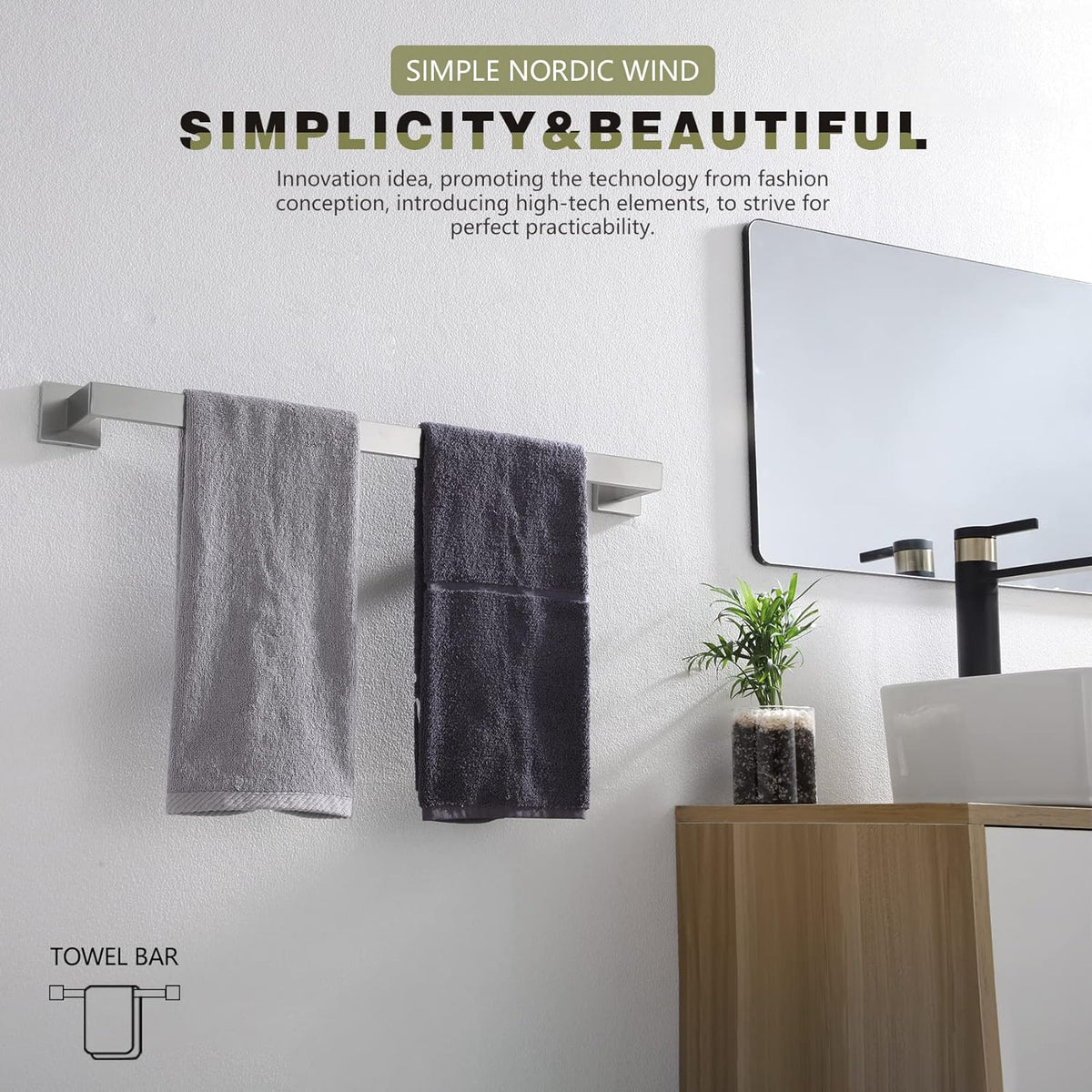 KOKOSIRI 20-Inch Single Towel Bar, Bathroom Kitchen Towel Holder, Wall Mounted SUS304 Stainless Steel Towel Rack, Brushed Nickel, B4003BR-L20