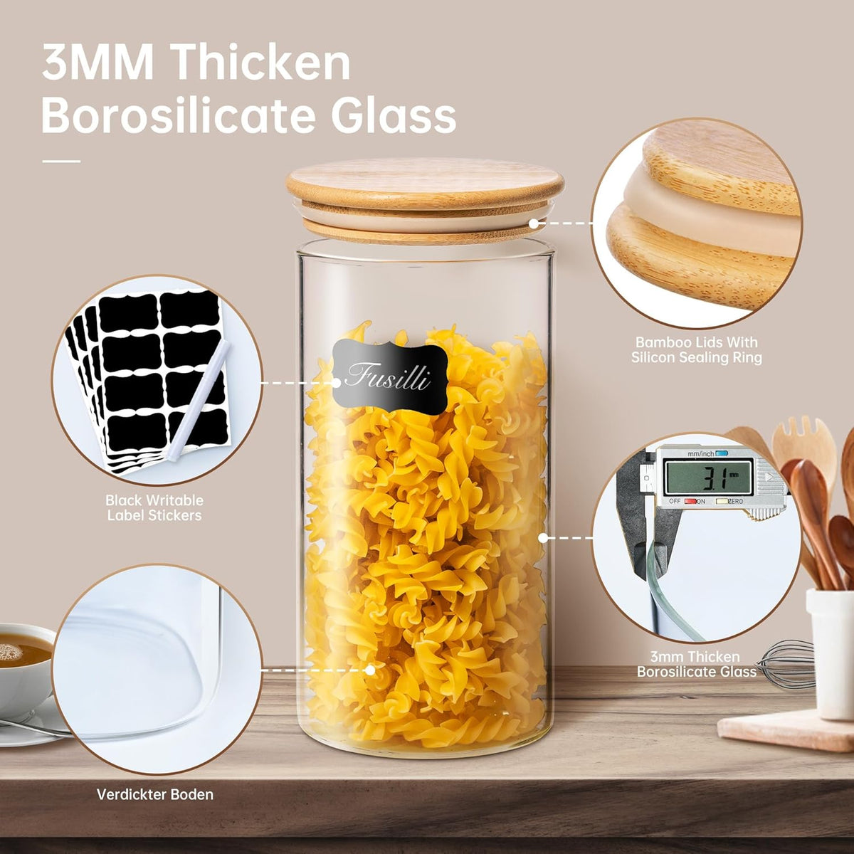 Extra Large Glass Flour and Sugar Storage Containers with Airtight lid,105 floz x1 & 48 floz x1 [Set of 2] Big Glass Jars with Bamboo Lids, Air Tight Food Jar for Cereal, Pasta, Rice, Coffee