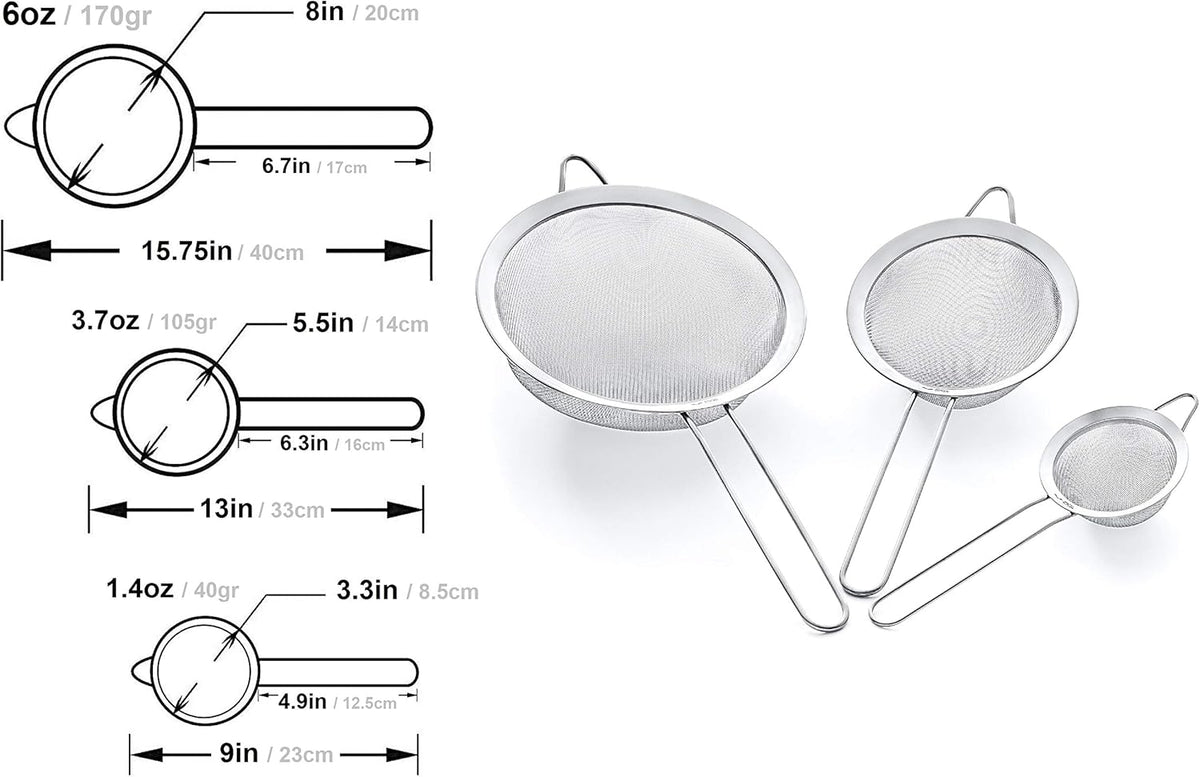 Strainer Set Fine Mesh – Premium 304 Stainless Steel (18/8) – 8″, 5.5″ and 3.3″ Sturdy Kitchen Strainers (Silver)